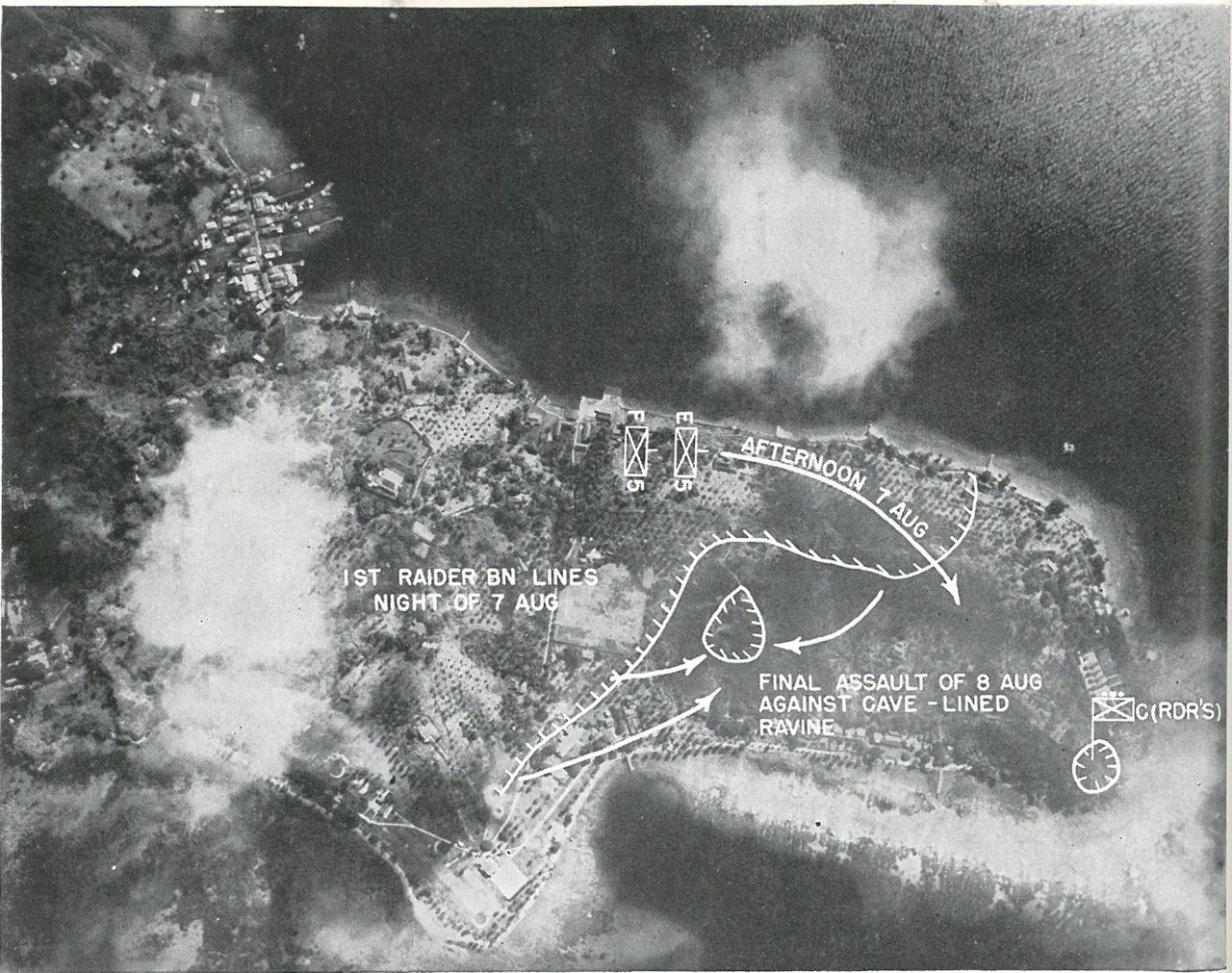 FINAL ASSAULTS ON TULAGI were delivered by elements of 1st Raider Battalion and 2d Battalion, 5th Marines, as shown on overprint. photograph was taken by Navy carrier-planes during strike of 4 May.
