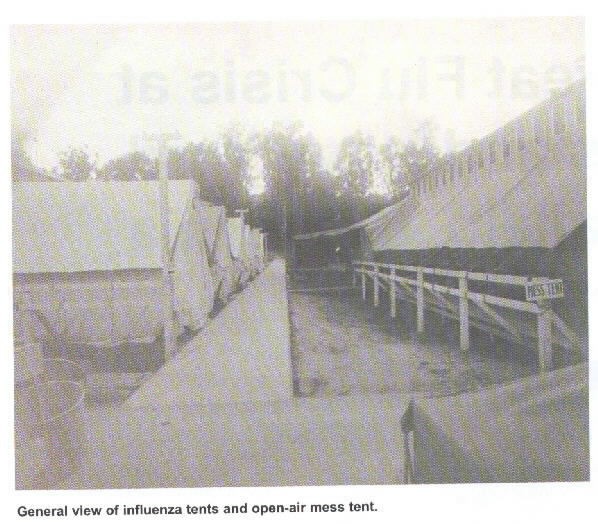 General view of influenza tents and open-air mess tent, BUMED Archives.