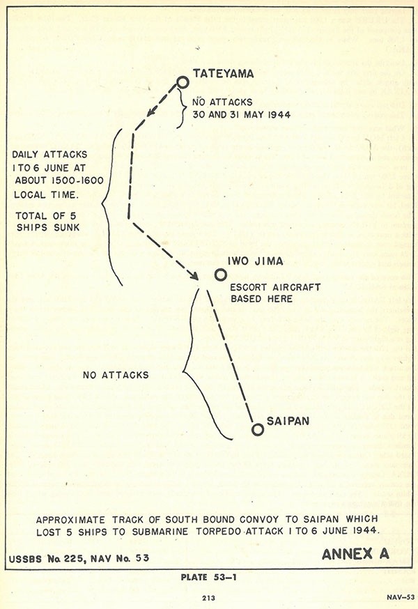 Plate 53-1: Chart showing approximate track of South bound convoy to Saipan which lost 5 ships to submarine torpedo attack 1 to 6 June 1944, Annex A.
