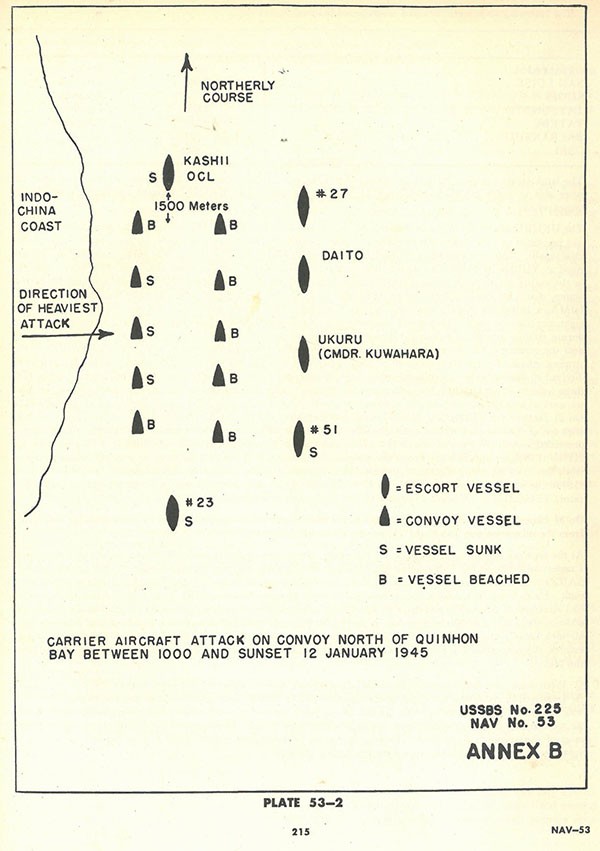 Plate 53-2: Chart showing carrier aircraft attack on convoy North of Quinhon Bay between 1000 and sunset 12 January 1945, Annex B.