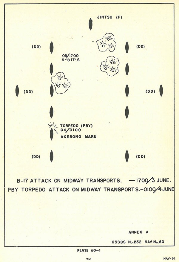 Plate 60-1: Chart showing B-17 and PBY attacks on MIDWAY transports, Annex A.
