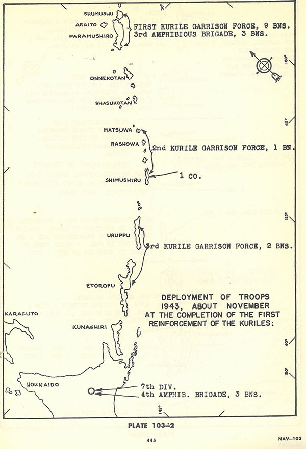 Plate 103-2: Chart showing deployment of troops 1943, about November at the completion of the first reinforcement of the KURILES.