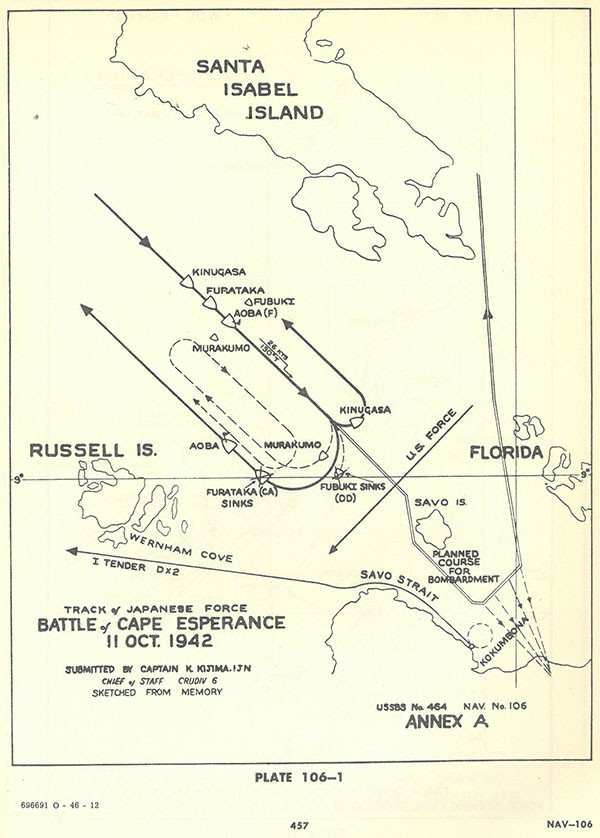 Plate 106-1: chart showing track of Japanese force at Battle of Cape ESPERANCE, 11 October 1942, Annex A.