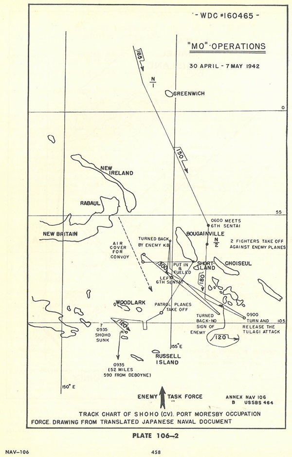 Plate 106-2: chart showing track  chart of SHOHO (CV). PORT MORESBY occupation Force. Drawing from translated Japanese Naval document, Annex B.
