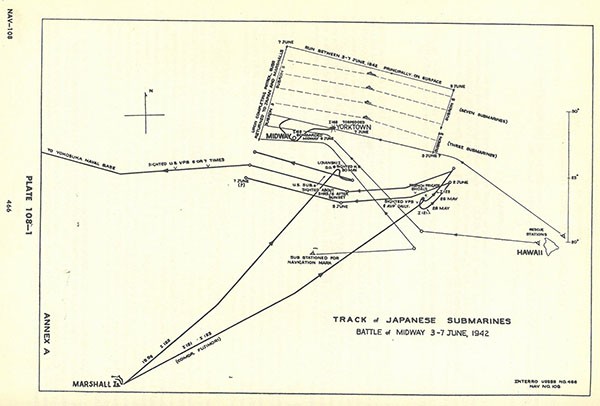 Plate 108-1: chart showing track of Japanese submarines, Battle of MIDWAY, 3-7 June 1942, Annex A.