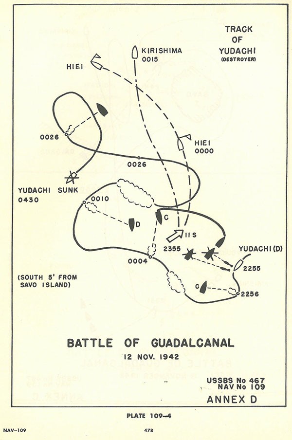 Plate 109-4: chart showing track of YUDACHI (destroyer), Battle of GUADALCANAL 12 November 1942, Annex D.