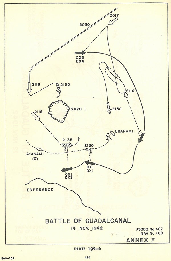 Plate 109-6: chart showing track of Japanese ships around SAVO Island, Battle of GUADALCANAL, 14 November 1942, Annex F.