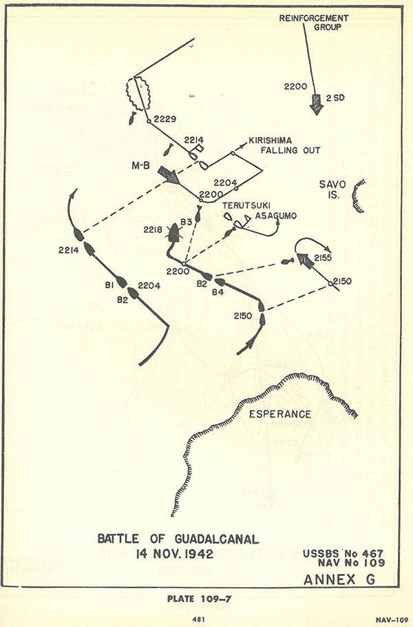 Plate 109-7: chart showing track of Japanese ships off coast of ESPERANCE, Battle of GUADALCANAL, 14 November 1942, Annex G.