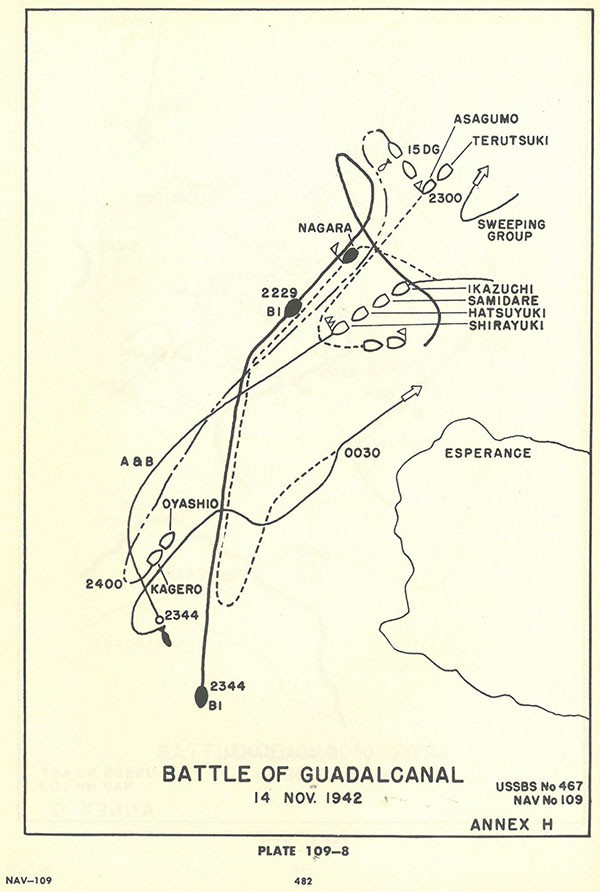 Plate 109-8: chart showing track of Japanese ships off coast of ESPERANCE, Battle of GUADALCANAL, 14 November 1942, Annex H.