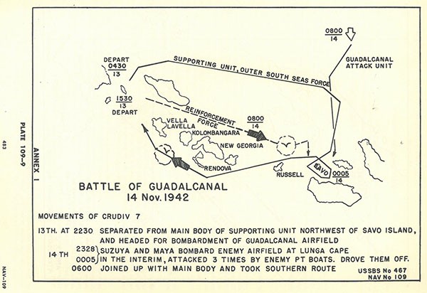 Plate 109-9: chart showing Battle of GUADALCANAL, 14 November 1942, movements of CRUDIV 7, Annex H.