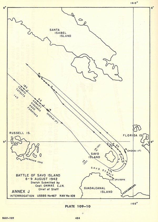 Plate 109-10: chart showing Battle of SAVO Island, 8-9 August 1942, sketch submitted by Capt. OHMAE, Annex J.