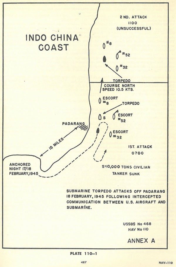 Plate 110-1: chart showing INDO CHINA coast, submarine torpedo attacks off PADARANG 18 February 1945 following intercepted communication between US aircraft and submarine, Annex A.