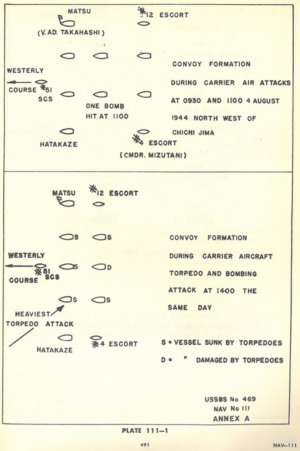 Plate 111-1: chart showing convoy formation during carrier air attacks at 0930 and 11 4 August 1944 north west of CHICHI JIMA, and convoy formation during carrier aircraft torpedo and bombing attack at 1400 the same day, Annex A.