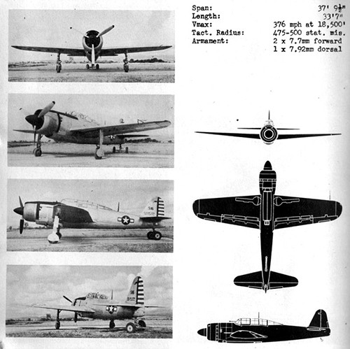 Four images and three silhouettes of JUDY 33 Navy Dive Bomber with dimensions.