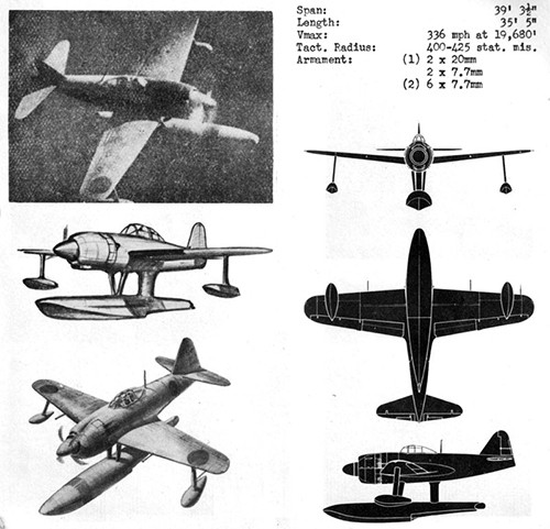 One image, two line drawings and three silhouettes of REX II Navy Fighter Seaplane with dimensions.