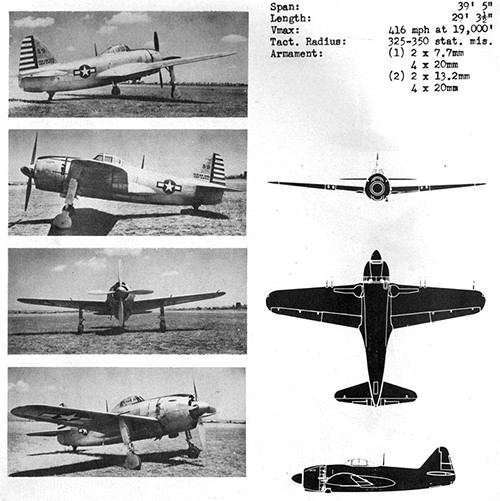 Four images and three silhouettes of GEORGE II Navy Interceptor Fighter with dimensions.