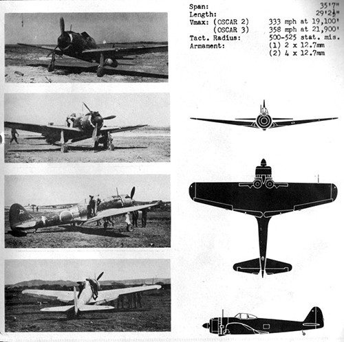 Four images and three silhouettes of OSCAR 2 & 3 Army Fighter with dimensions.