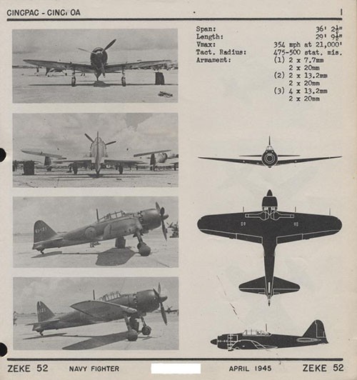 Four images and three silhouettes of ZEKE 52 Navy Fighter with dimensions listed.