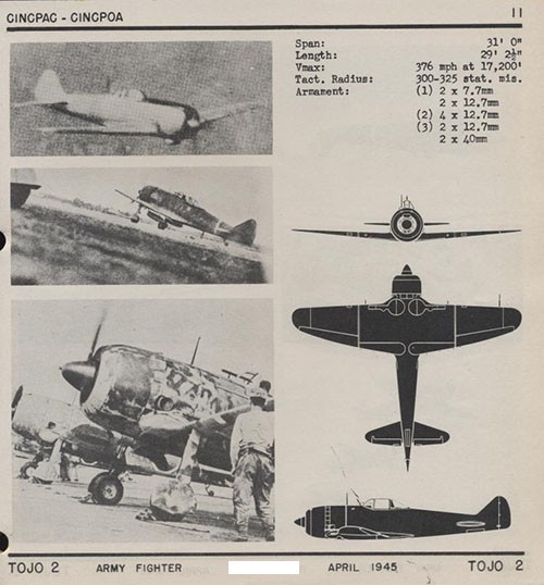 Three images and three silhouettes of TOJO 2 Army Fighter with dimensions.