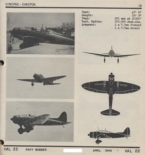 Three images and three silhouettes of VAL 22 Navy Bomber with dimensions.