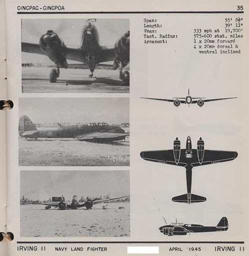 Three images and three silhouettes of IRVING 11 Navy Land Fighter with dimensions.