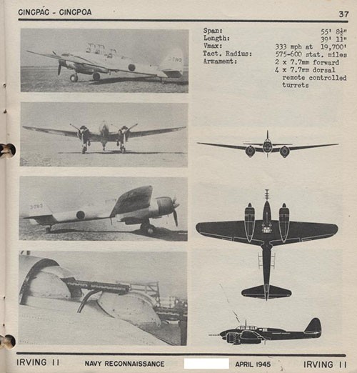 Four images and three silhouettes of IRVING 11 Navy Reconnaissance with dimensions.