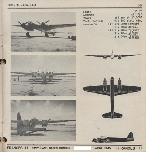 Three images and three silhouettes of FRANCES 11 Navy Land Based Bomber with dimensions.