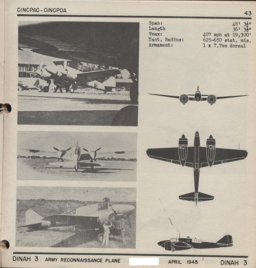 Three images and three silhouettes of DINAH 3 Army Reconnaissance Plane with dimensions.