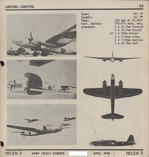 Three images and three silhouettes of HELEN 2 Army Heavy Bomber with dimensions.