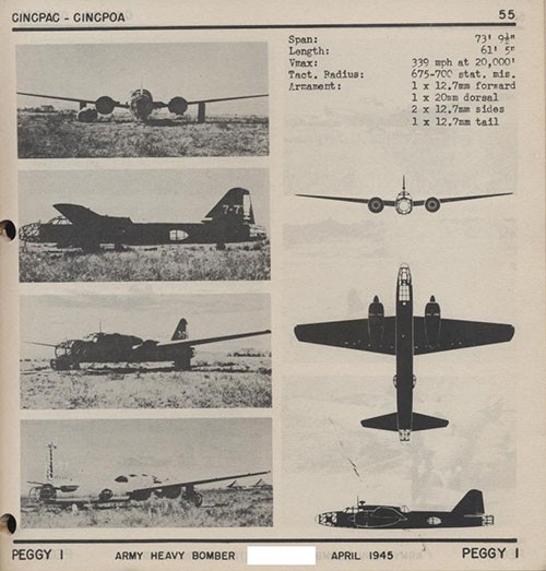 Four images and three silhouettes of PEGGY I Army Heavy Bomber with dimensions.