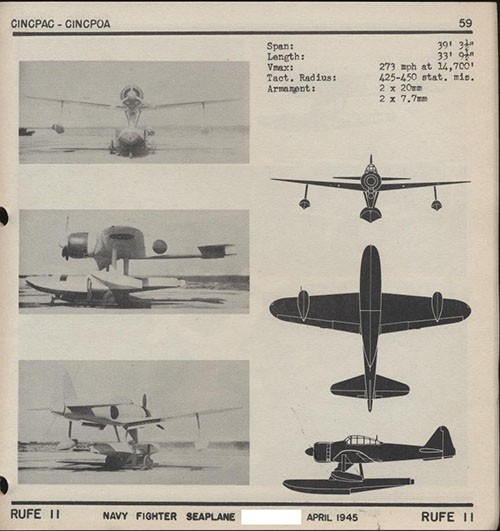 Three images and three silhouettes of RUFE II Navy Fighter Seaplane with dimensions.