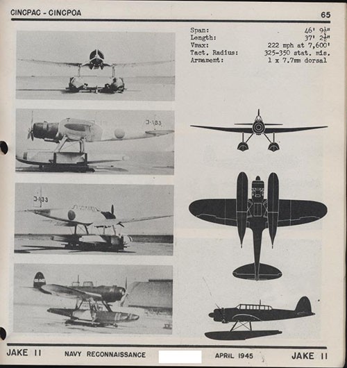 Four images and three silhouettes of JAKE II Navy Reconnaissance with dimensions.