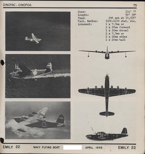 Three images and three silhouettes of EMILY 22 Navy Flying Boat with dimensions.