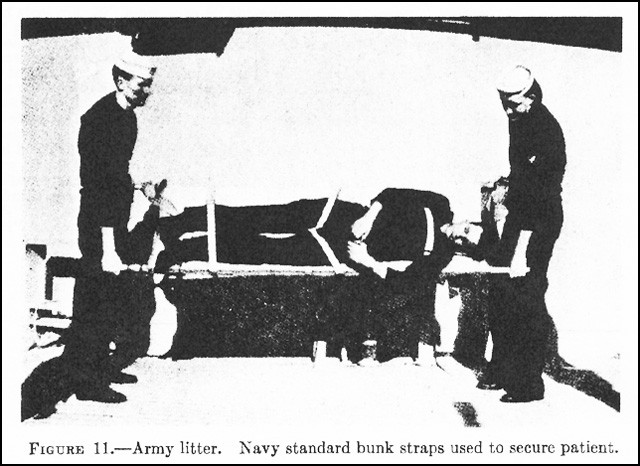 Figure 11. - Army litter. Navy standard bunk straps used to secure patient.