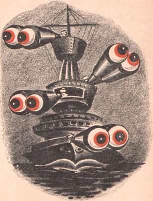 Cartoonish image of a ship with 4 pairs of binoculars that look like eyes, looking in different directions. 