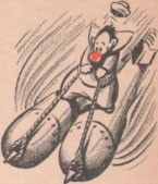 Cartoonish image of a sailor riding 2 torpedoes chariot style.