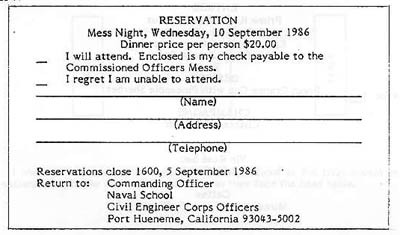 Sample reservation card for Mess Night