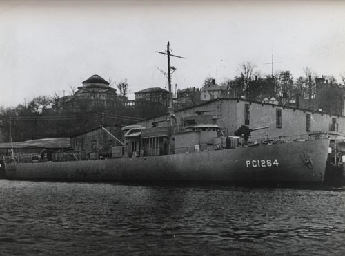 "'Subchaser manned by Negroes commissioned.' The PC-1264, second naval vessel to be manned by a predominantly Negro crew, is shown just before it was commissioned on 25 April 1944."