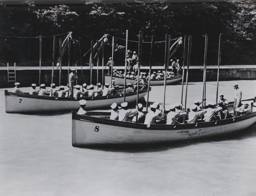 "Boat drill at US Naval Training Station Great Lakes, Illinois."