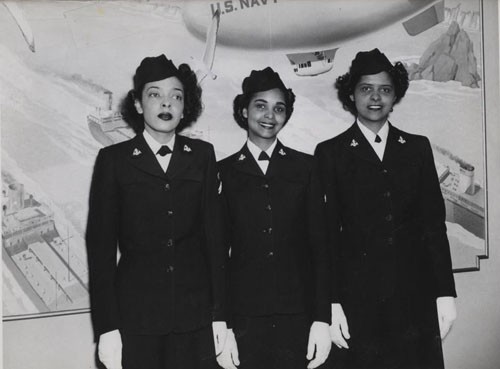 "'First Negro WAVES enter Hospital Corps School at Medical Center' - Hospital Apprentices Second Class Ruth C. Isaacs, Katherine Horton, and Inez Patterson (left to right) are the first Negro WAVES to enter the Hospital Corps School at National Naval Medical Center, Bethesda, Maryland."