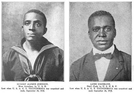 Two portraits: Hubert Alfred Johnson (mess attendant) and Lynn Cochrane (cook), lost when USACT Ticonderoga was torpedoed and sunk 30 September 1918
