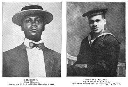 Two portraits: E. Harrison (mess attendant) lost on the USS Alcedo 5 November 1917 and Herman Stallings (cook) accidently drowned while swimming 19 May 1918