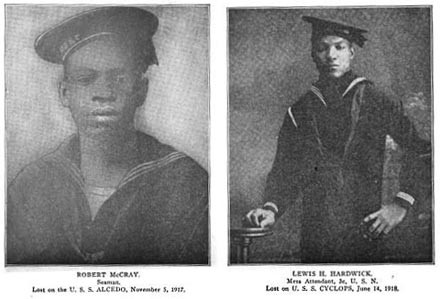 Two portraits: Robert McCray (Seaman) lost on the USS Alcedo 5 November 1917 and Lewis H. Hardwick (mess attendant) lost on the USS Cyclops 14 June 1918