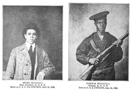 Two portraits: Henry McCorkle (mess attendant) killed on USS Von Steuben 10 April 1918 and Earle Whitesell (fireman) lost on USS Cyclops 14 June 1918