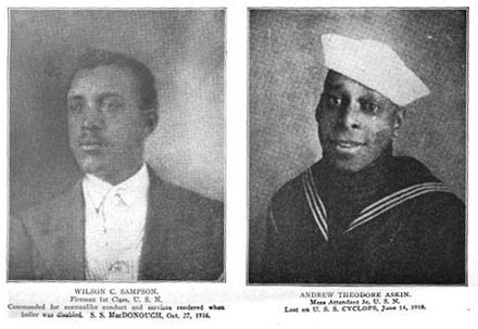 Two portraits: Wilson C. Sampson (fireman) commended for seamanlike conduct and services rendered SS MacDonough 27 October 1914 and Andrew Theodore Askin (mess attendant) lost on USS Cyclops 14 June 1918