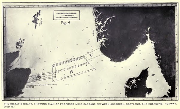Photostatic chart, showing plan of proposed mine barrage between Aberdeen, Scotland, and Ekersund, Norway.