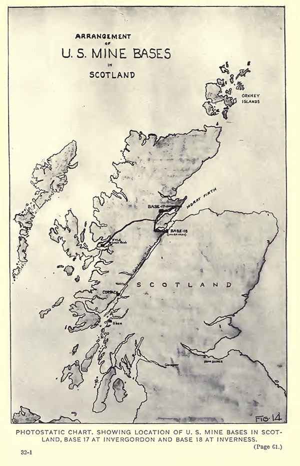 Photostatic chart, showing location of US Mine Bases in Scotland, Base 17 at Invergordon and Base 18 at Inverness.