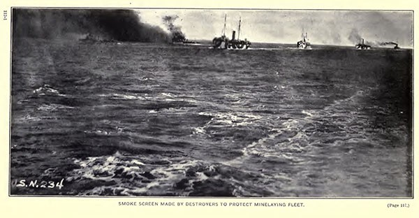 Smoke screen made by destroyers to protect minelaying fleet.
