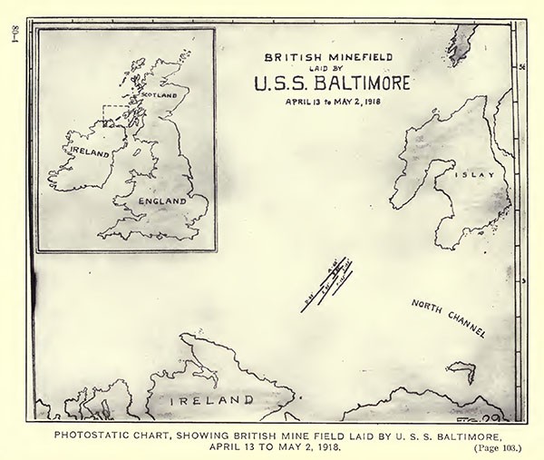 Photostatic chart, showing British mine field, laid by USS Baltimore, April 13 to May 2, 1918.