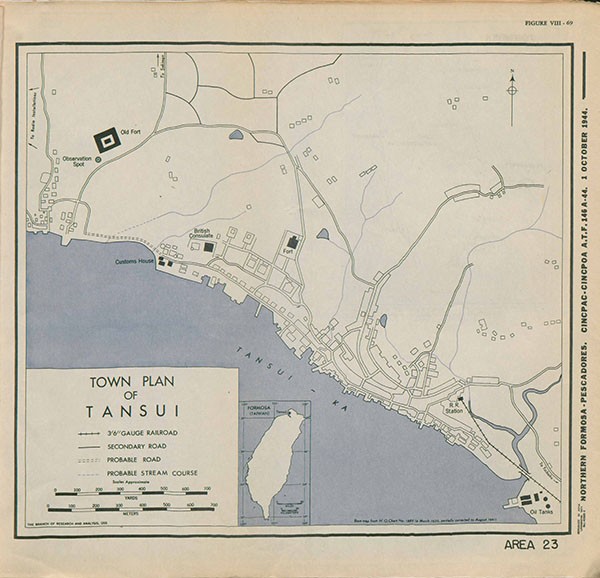 Map: Town Plan of Tansui, Area 23, showing roads and railroads.